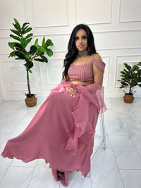 Blush Pink Ruffled Silk Lehenga with Pearl Work Blouse & Ruffled Net Dupatta