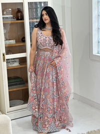 Boho Mauve Lehenga Choli with Pastel Embroidery, Pearl Work, and Tassels with Net Dupatta