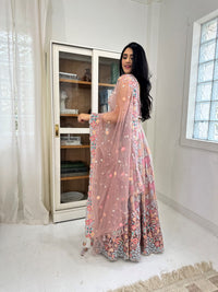 Boho Mauve Lehenga Choli with Pastel Embroidery, Pearl Work, and Tassels with Net Dupatta