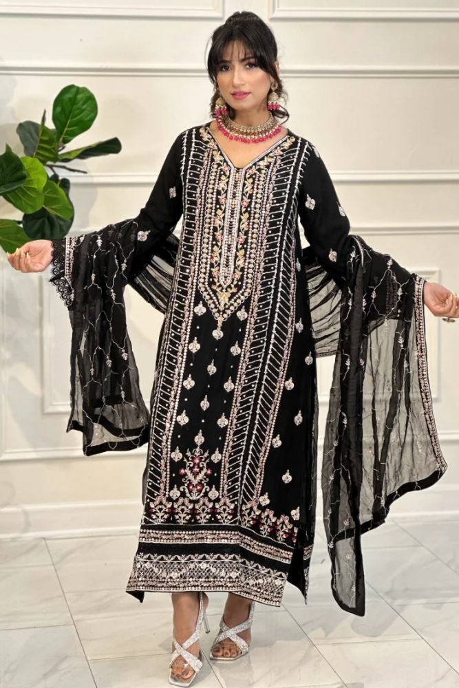 Black 3pc Luxury Suit with Gold, Silver and pink Embellishments – Roop ...