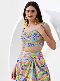 Multi Color Digital Print Sequence Crop Top with Indo Western Skirt and Jacket Style Dupatta.