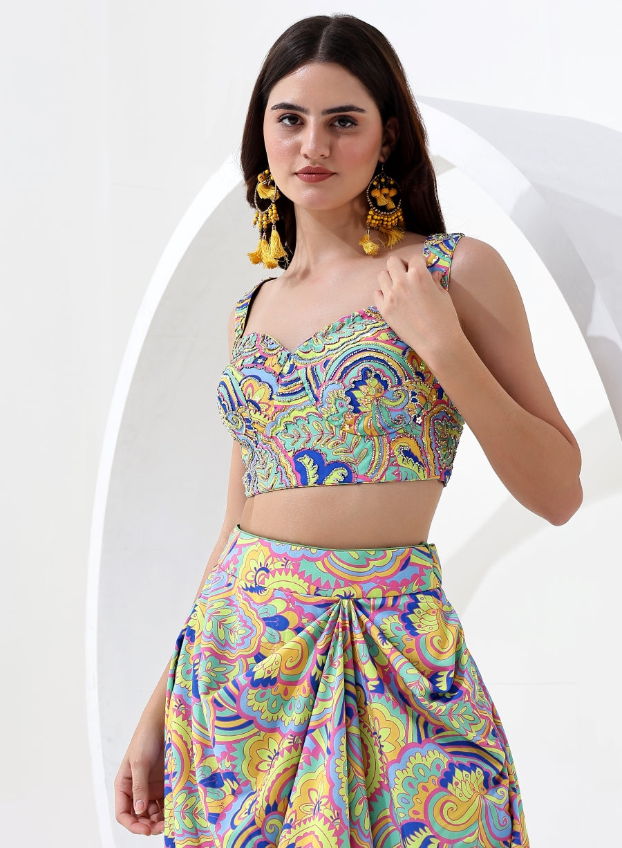 Multi Color Digital Print Sequence Crop Top with Indo Western Skirt and Jacket Style Dupatta.
