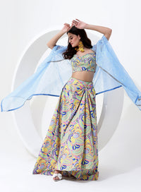 Multi Color Digital Print Sequence Crop Top with Indo Western Skirt and Jacket Style Dupatta.
