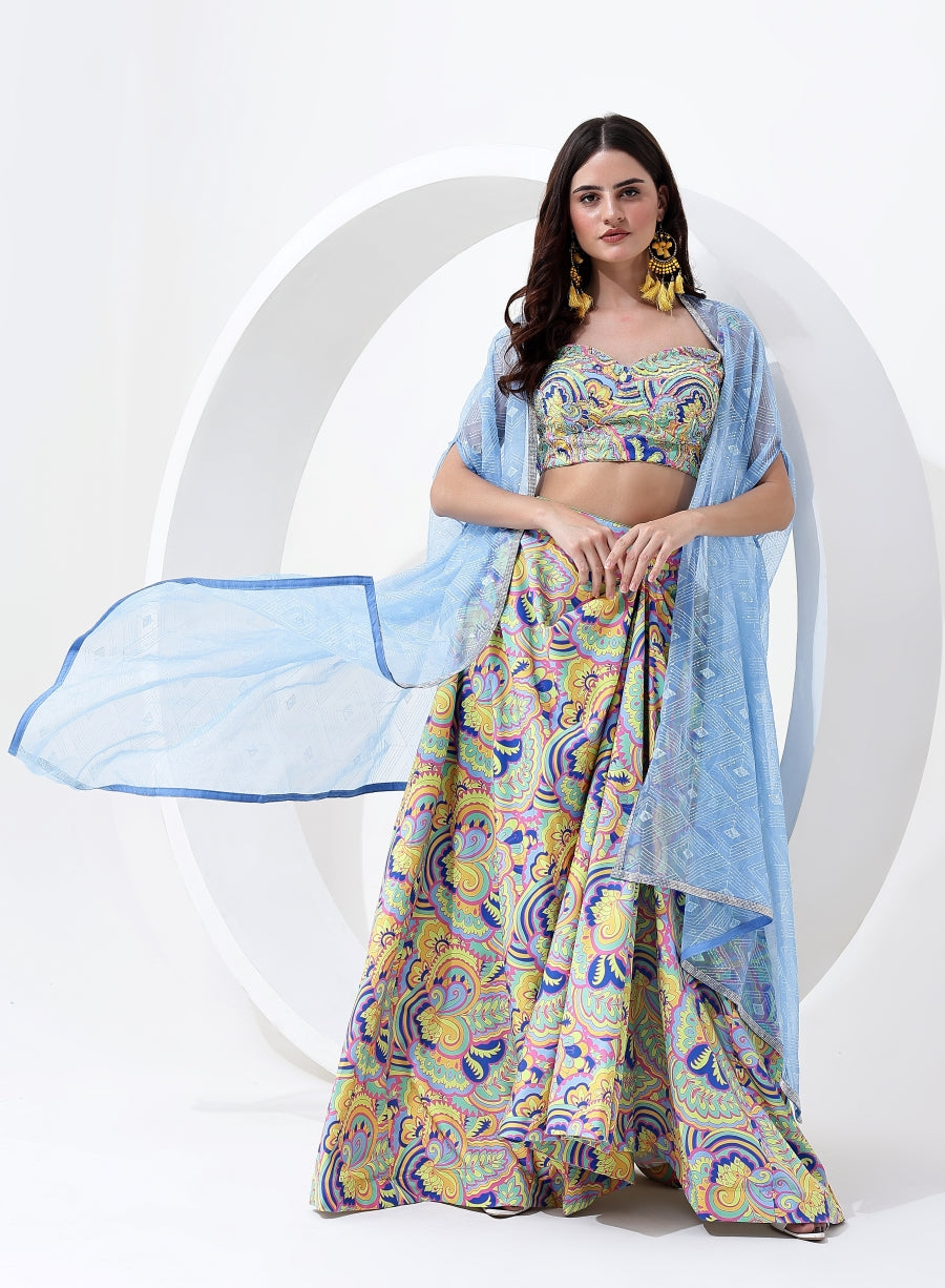 Multi Color Digital Print Sequence Crop Top with Indo Western Skirt and Jacket Style Dupatta.