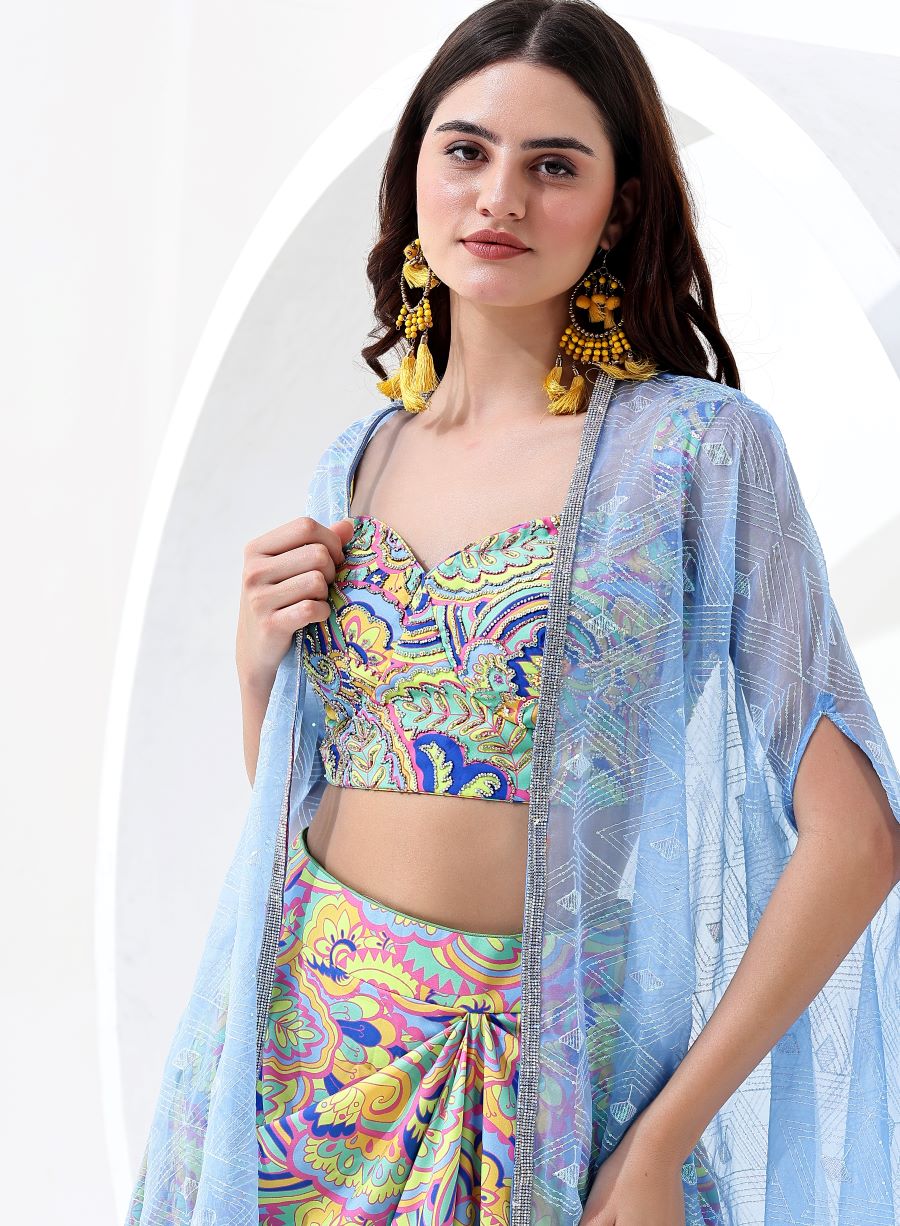 Multi Color Digital Print Sequence Crop Top with Indo Western Skirt and Jacket Style Dupatta.
