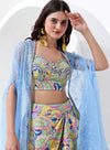 Multi Color Digital Print Sequence Crop Top with Indo Western Skirt and Jacket Style Dupatta.