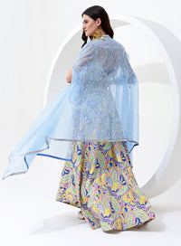 Multi Color Digital Print Sequence Crop Top with Indo Western Skirt and Jacket Style Dupatta.
