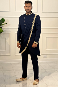 Asymmetrical Navy Indo-Western Sherwani with Gold Embroidery & Slack Style pant