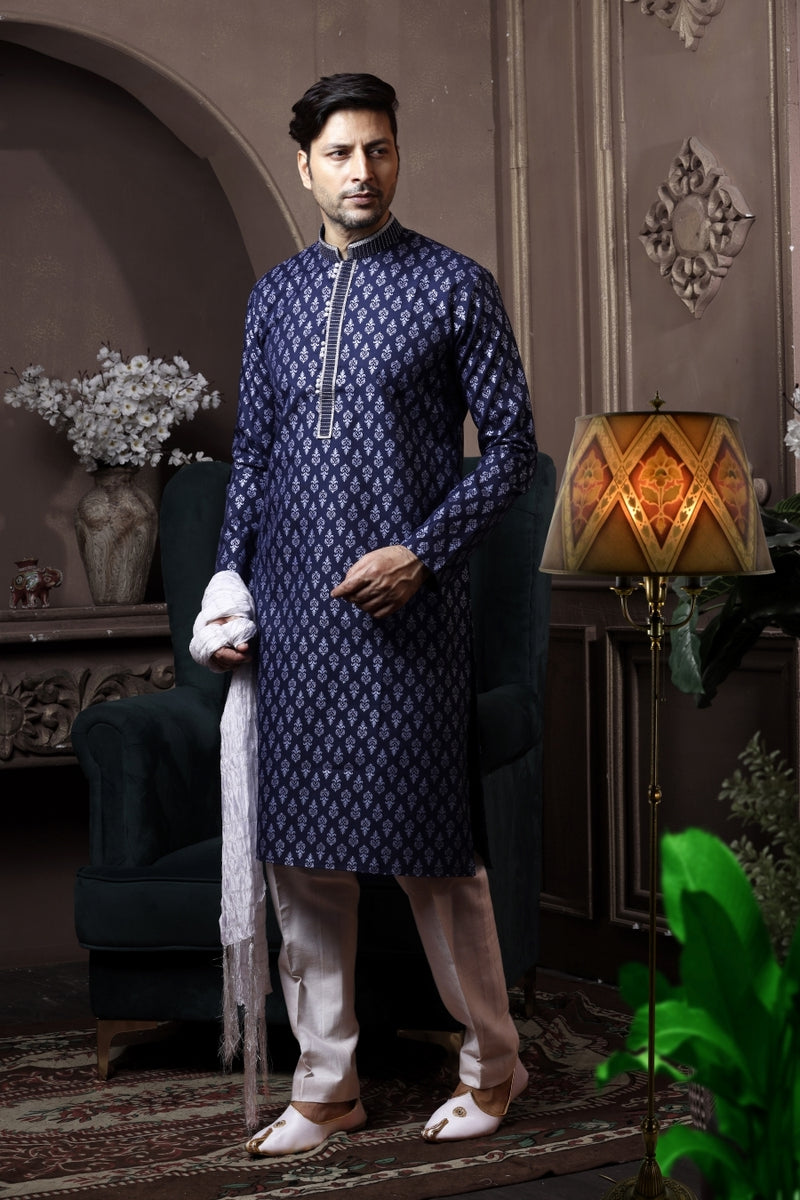 Navy Blue and Silver Printed Mens Kurta Suit