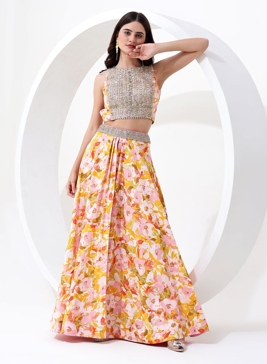 Yellow and Pink Floral Digital Print Crop Top and Skirt with Jacket Style Dupatta.