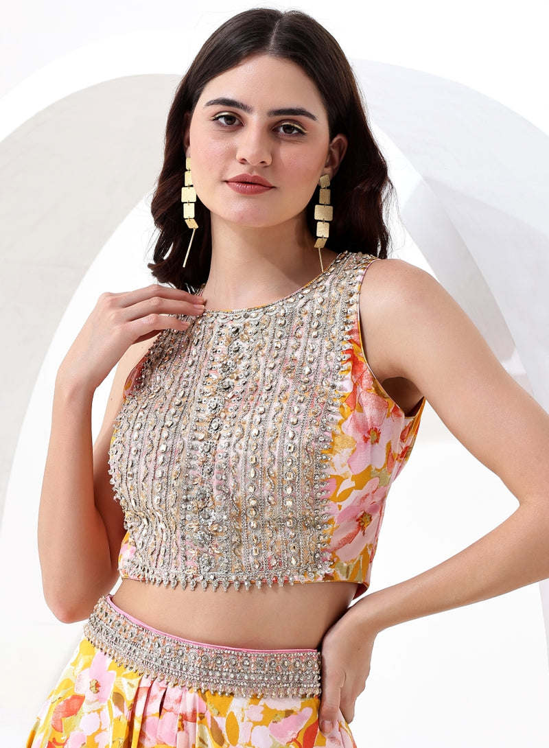 Yellow and Pink Floral Digital Print Crop Top and Skirt with Jacket Style Dupatta.