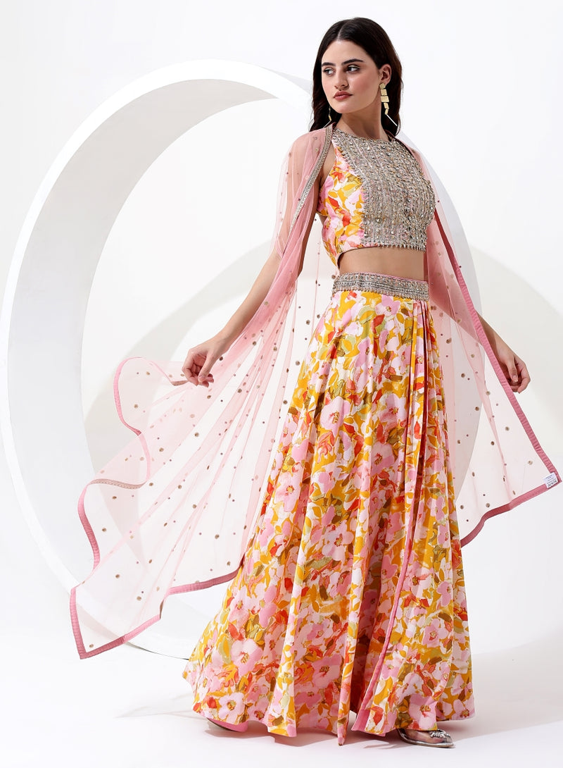 Yellow and Pink Floral Digital Print Crop Top and Skirt with Jacket Style Dupatta.