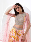 Yellow and Pink Floral Digital Print Crop Top and Skirt with Jacket Style Dupatta.