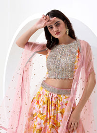 Yellow and Pink Floral Digital Print Crop Top and Skirt with Jacket Style Dupatta.