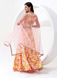 Yellow and Pink Floral Digital Print Crop Top and Skirt with Jacket Style Dupatta.