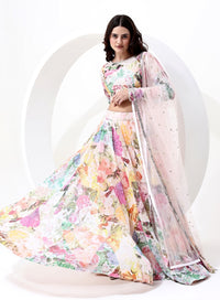 Multi Color Lehenga Choli with Pearl Design Full Sleeve Blouse and Dupatta.