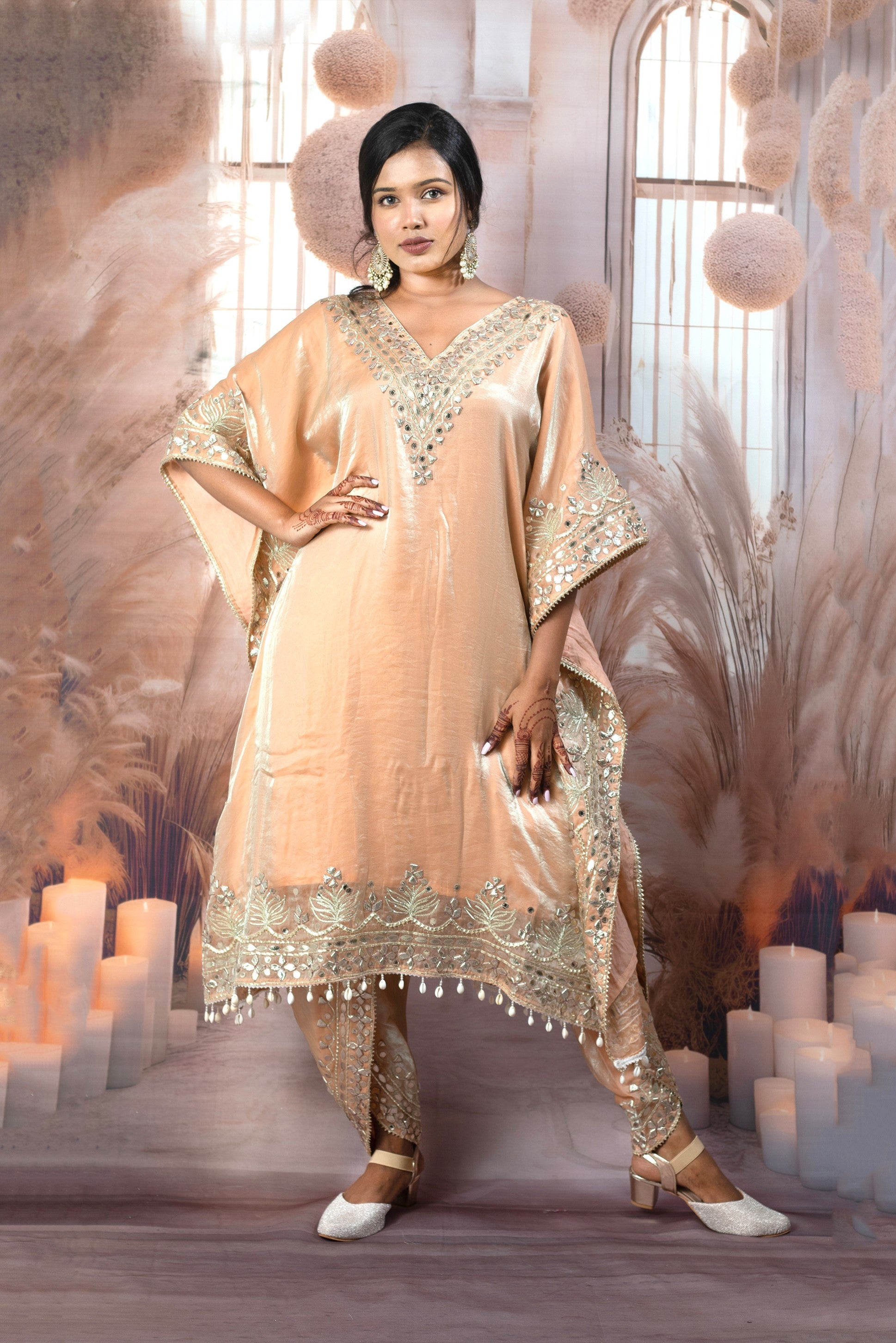 Trendy Peach Kaftan Ladies Suits
