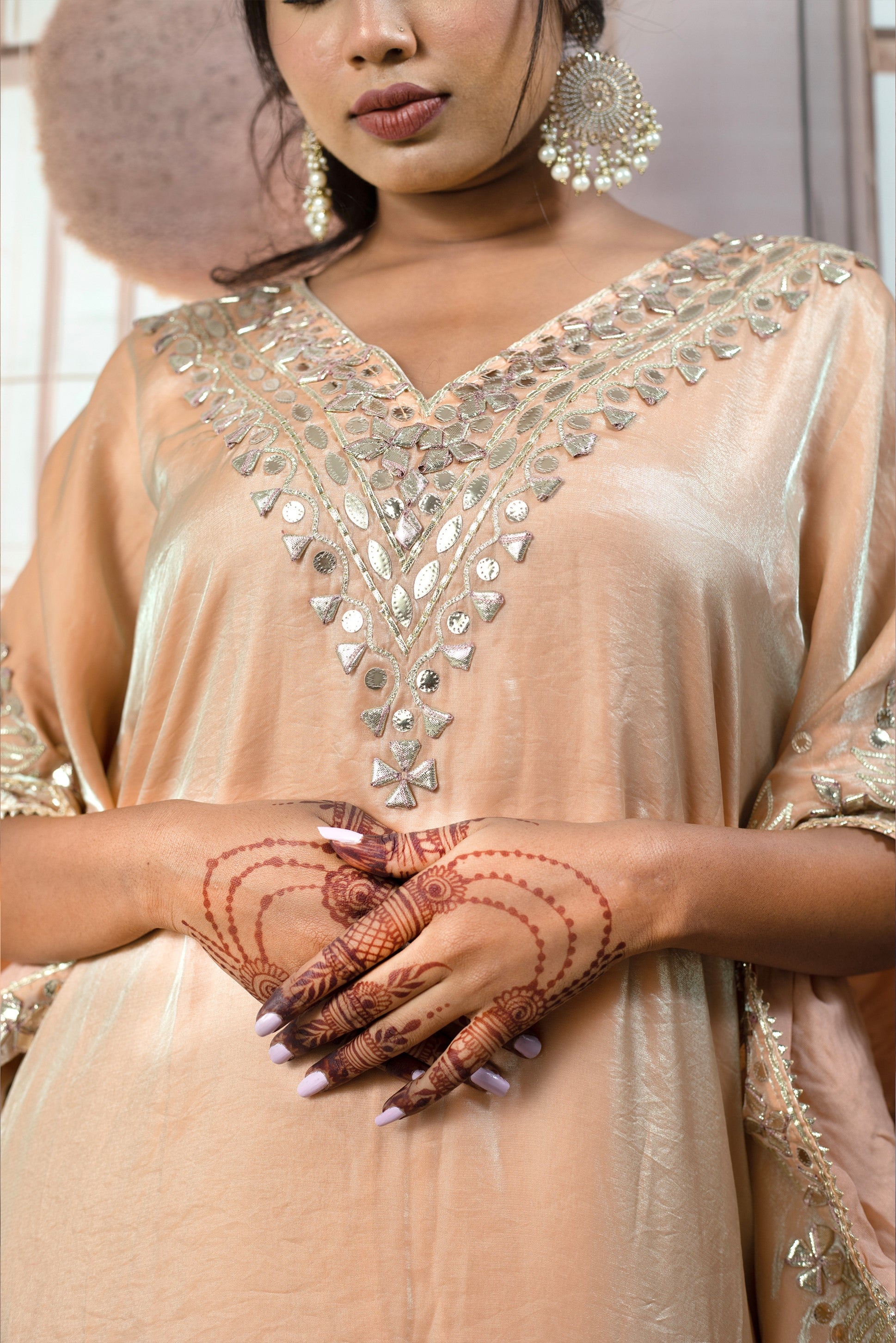 Trendy Peach Kaftan Ladies Suits