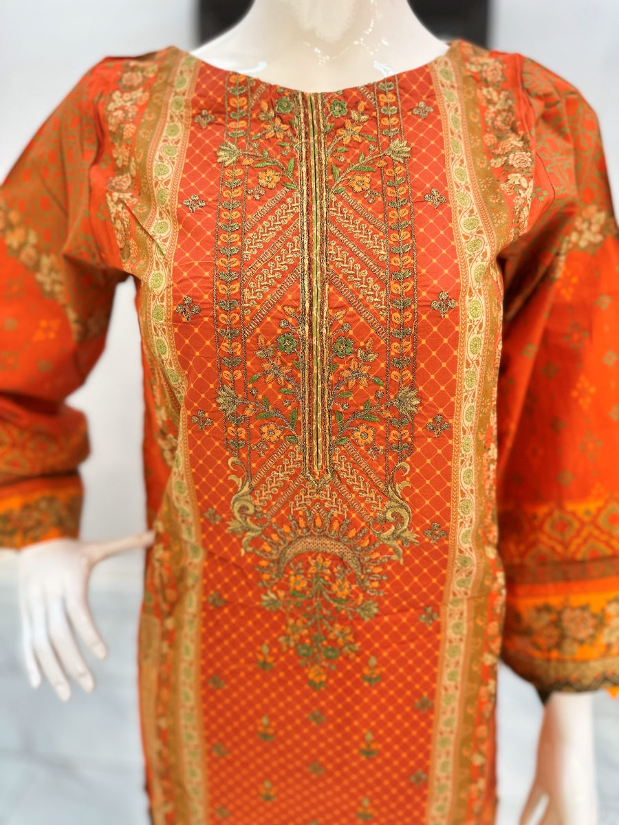Orange Kurti & Pajama with Organza printed & thread work dupatta
