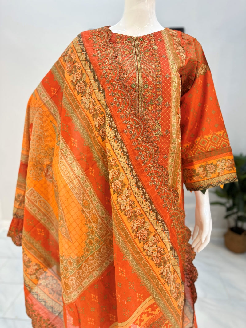 Orange Kurti & Pajama with Organza printed & thread work dupatta
