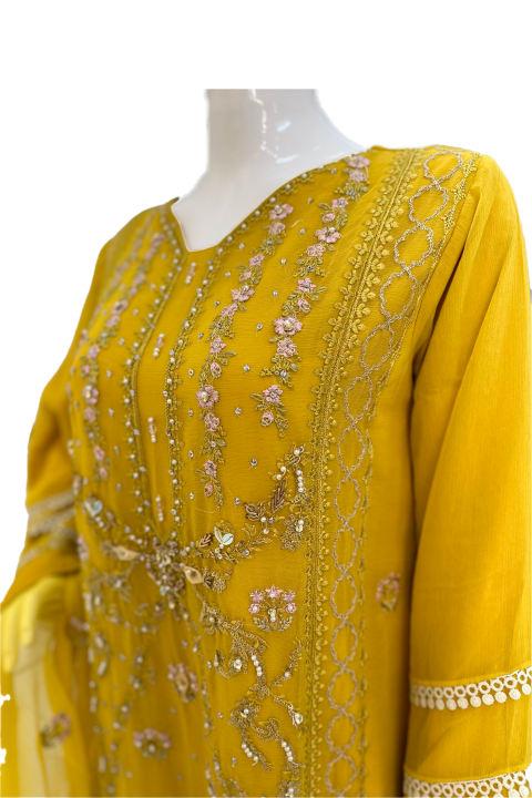 Mustered Yellow & Thread work Ladies Suit – Roop Sari Palace