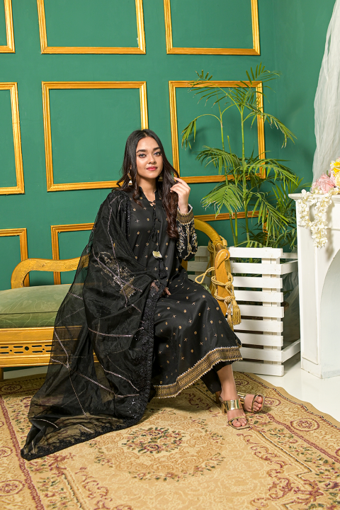 Black A Line Formal Suit with Gold Work and Net Dupatta – Roop Sari Palace