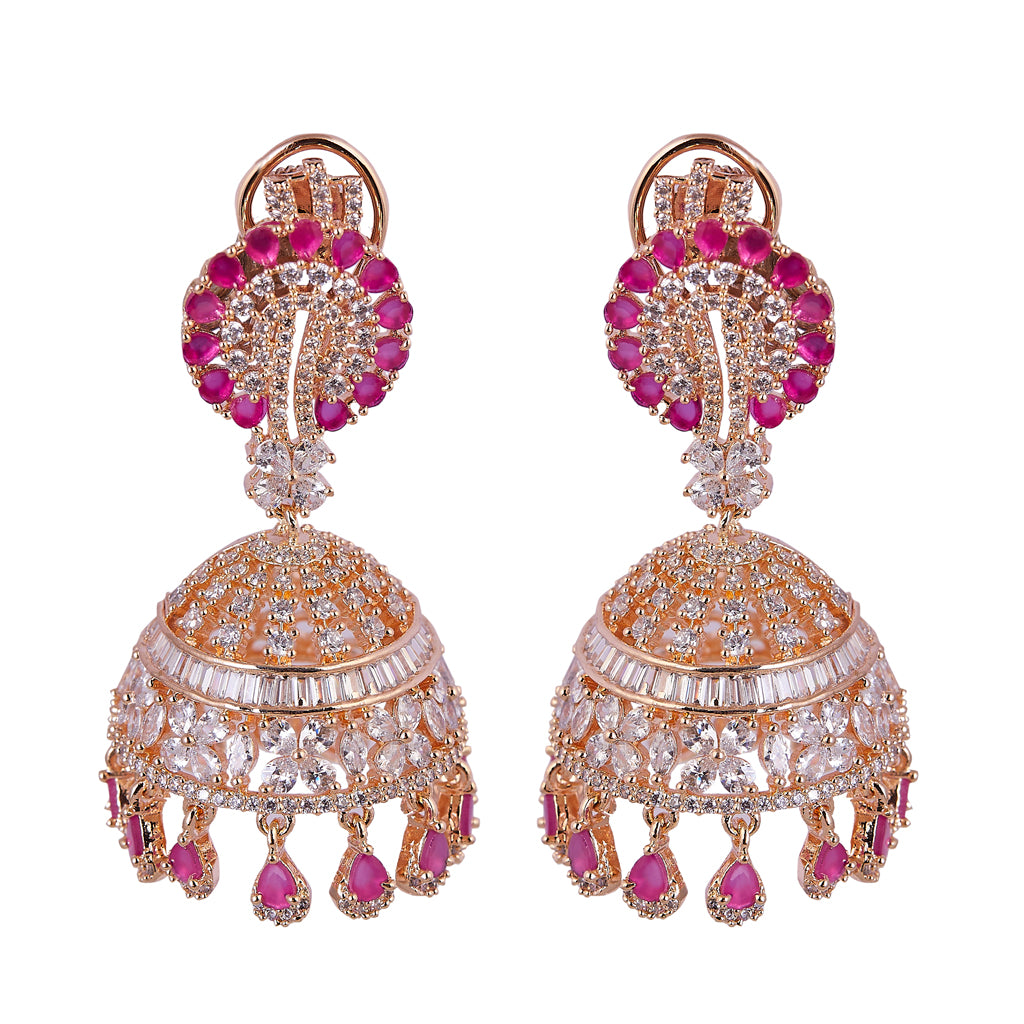 Rose Gold & Pink Stone American Diamond Earrings