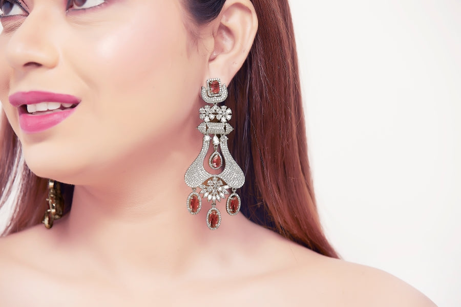 Silver Persian Red Cubic Zirconia Earrings