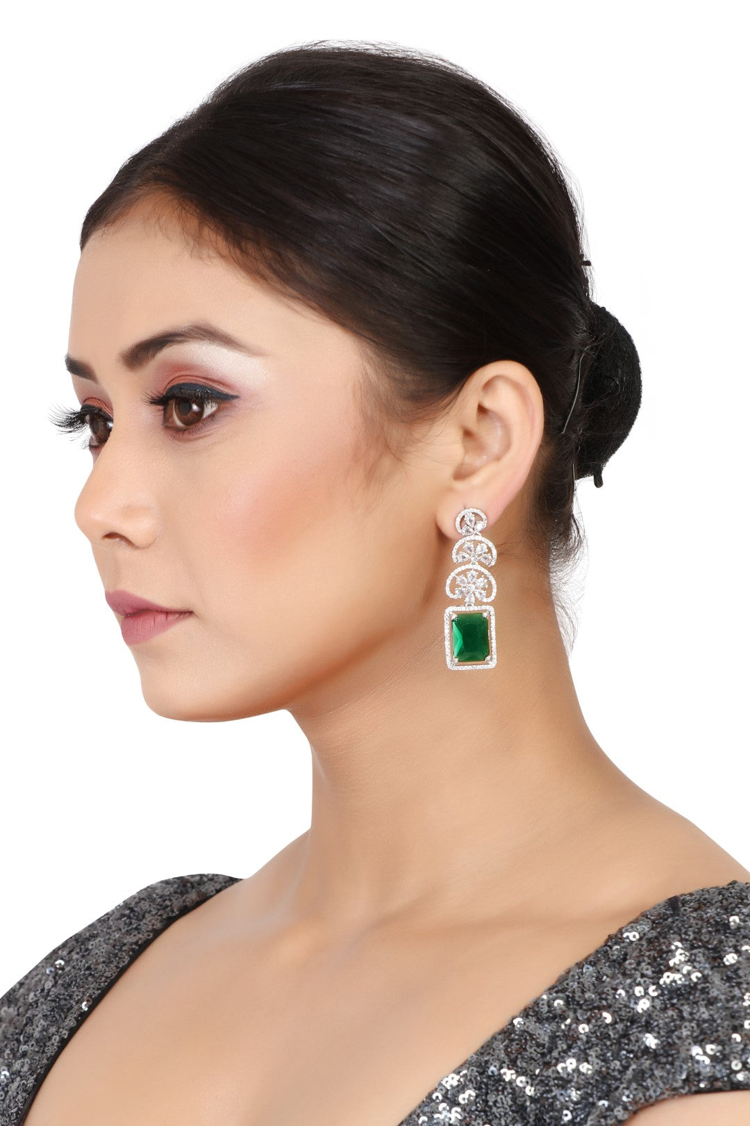 Silver With Emerald Green American Diamond Earrings