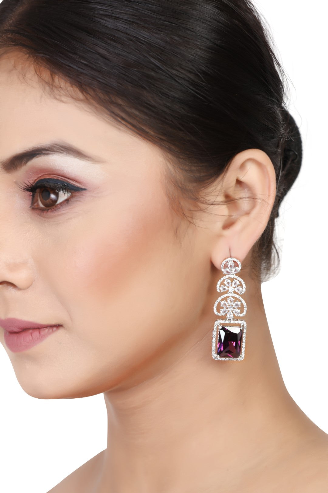 Silver With Purple American Diamond Earrings