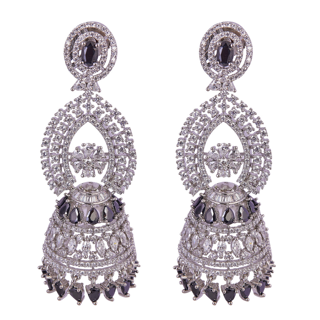 Silver & Black Stone American Diamond Earrings