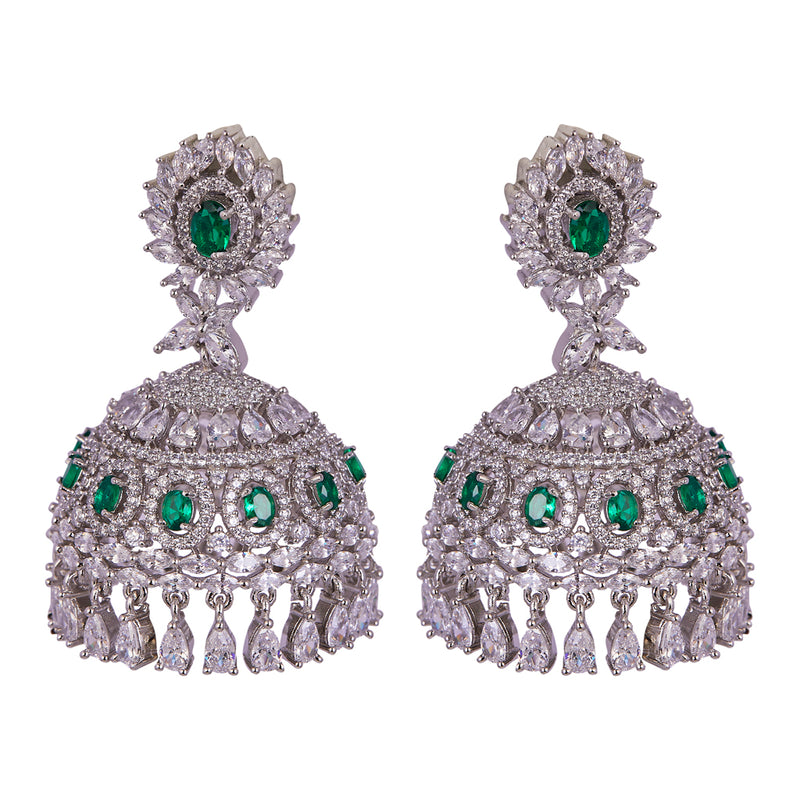 Silver & Green Stone American Diamond Earrings