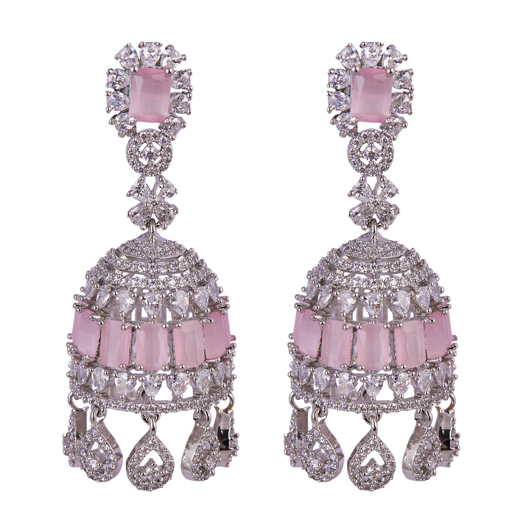 Silver & Pink American Diamond Earrings