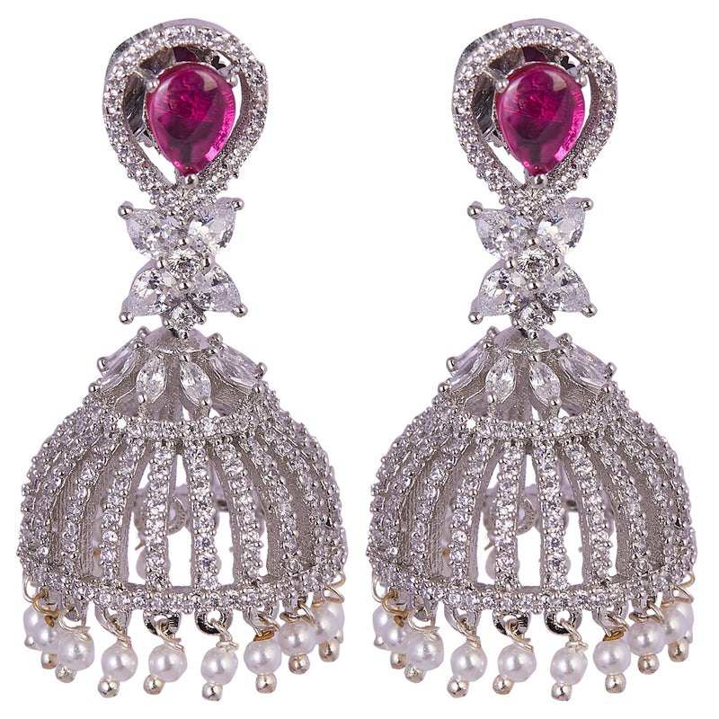 Silver & Pink Stone American Diamond Earrings
