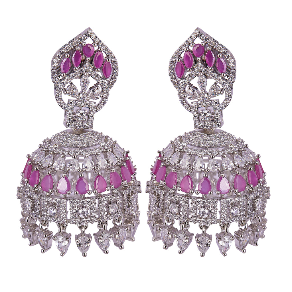 Silver and Pink stone American Diamond Earrings
