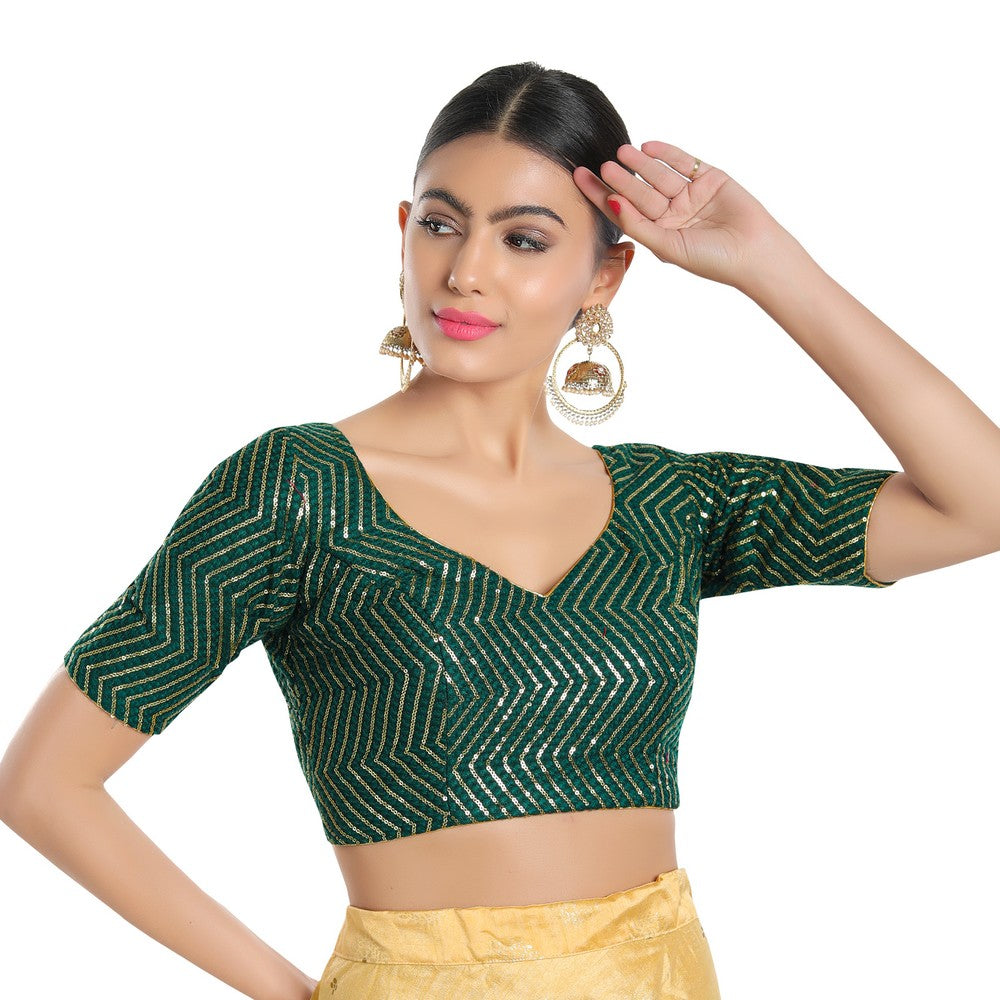 Bottle Green ready-made blouse with embroidered work