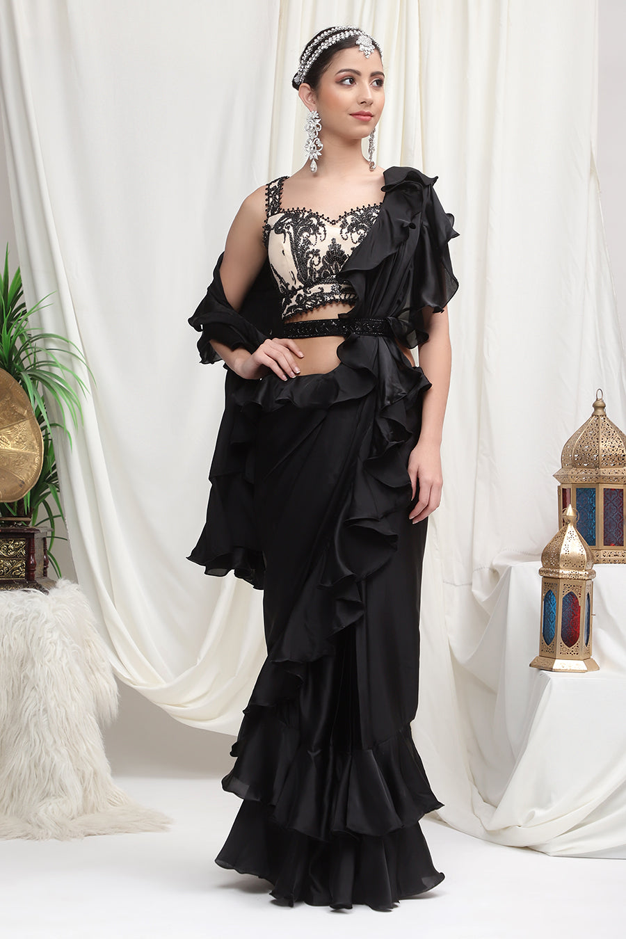 green emerald velvet dress Designer Drape Saree Evening Wear Very Elegant With Crystal Handwork D main image 1