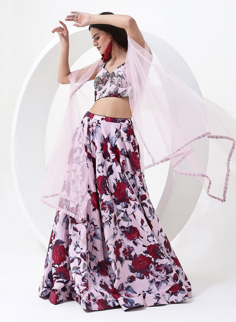 Baby Pink Color with Floral Digital Print Lehenga Choli with Jacket Style Dupatta.
