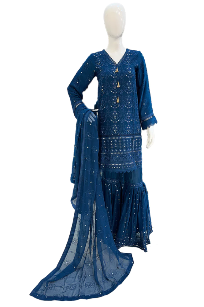 Blue Mirror work Gharara Suit