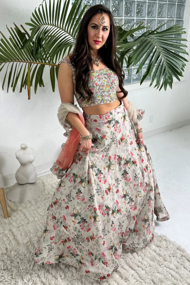 Pastel Sage Green Digital Print Lehenga Choli with Ruffled Net Dupatta
