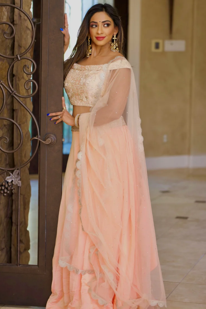 Peach Lehenga with Hand Work Embroidery, Stone, and Sequin Work Choli with Net Dupatta with Scallop Border