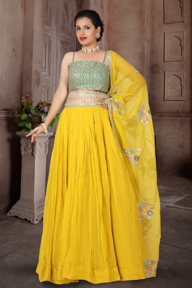 Mehendi Green Crop Top Choli with Yellow Lehenga
