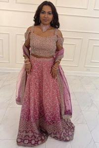 Ombre Magenta off the shoulder Lehenga Choli with mirror work and gold thread