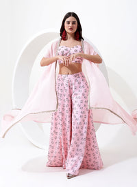 Baby Pink Color Digital Print Crop Top with Pant Style Bottom and Jacket Style Dupatta.