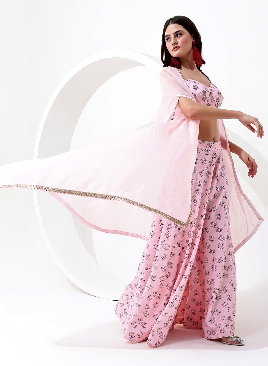 Baby Pink Color Digital Print Crop Top with Pant Style Bottom and Jacket Style Dupatta.