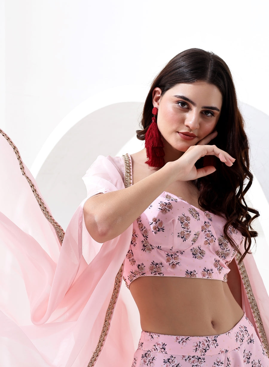 Baby Pink Color Digital Print Crop Top with Pant Style Bottom and Jacket Style Dupatta.