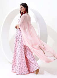 Baby Pink Color Digital Print Crop Top with Pant Style Bottom and Jacket Style Dupatta.
