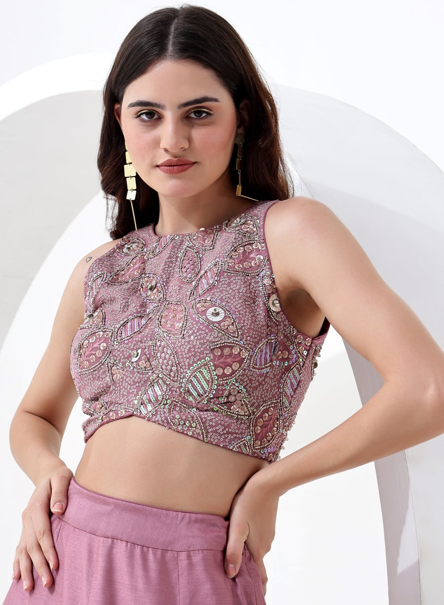 Taffy Pink Color Sequence Crop Top with Skirt and Jacket Style Dupatta.