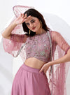 Taffy Pink Color Sequence Crop Top with Skirt and Jacket Style Dupatta.