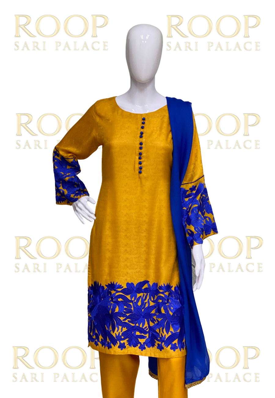 Yellow Suit with Blue Thread Work